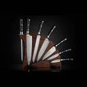K19 Kultro Pro Orb Blue Chef Knives on Walnut