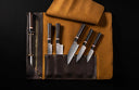Ebony Kultro Gourmet Chef Knives with Red Maple Display Stand